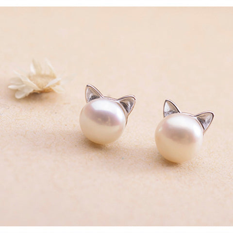 Sweet Cute Cat Pearl Stud Earrings