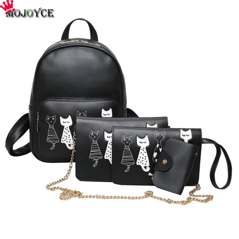4pcs/Set Backpack Women Cat Printing  Leather Backpack