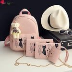 4pcs/Set Backpack Women Cat Printing  Leather Backpack