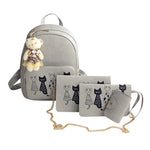 4pcs/Set Backpack Women Cat Printing  Leather Backpack